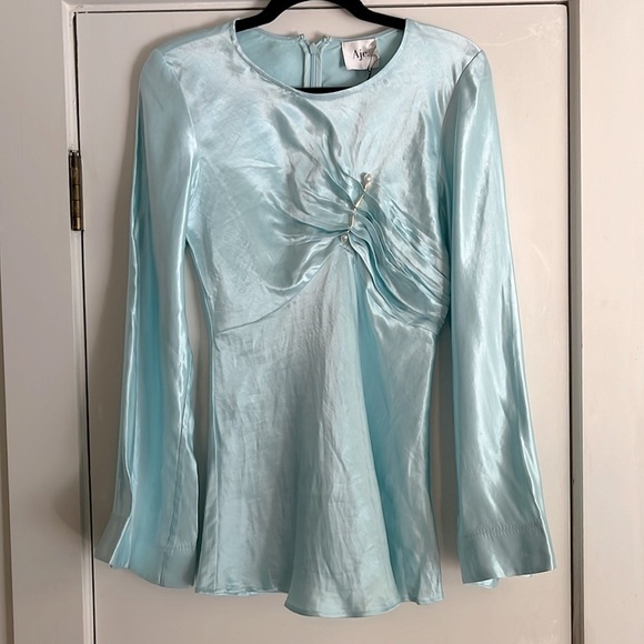 Aje Moonglade Pierced Fit and Flare Ruched Blouse in Spearmint Blue Size 8 - Picture 7 of 16